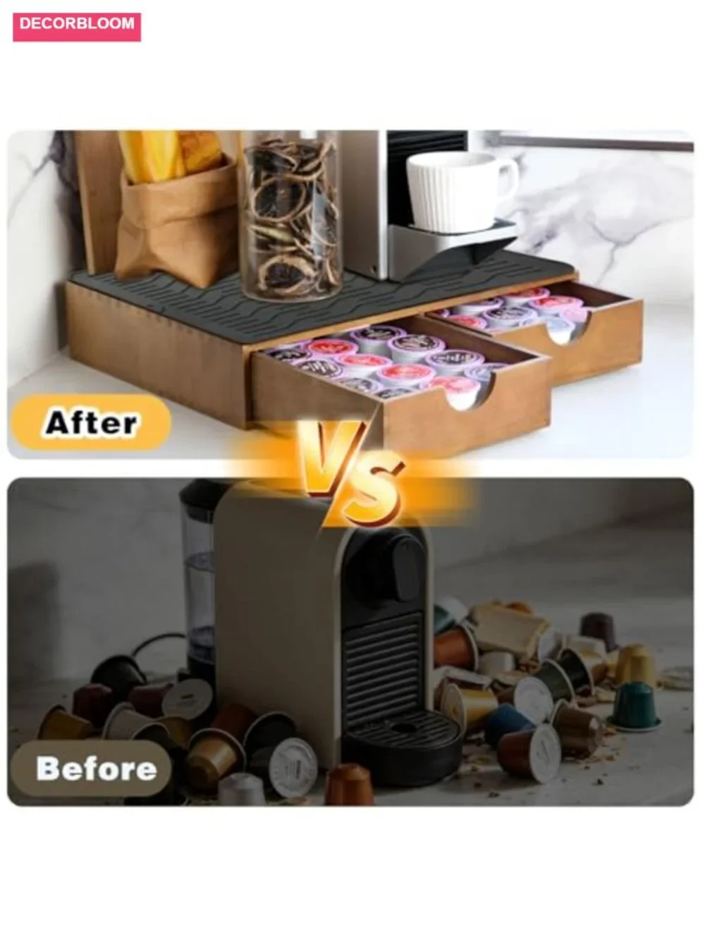 Wooden Coffee Pod Holder Drawer with Silicone Non-Slip Pad, 30 Pod Capacity